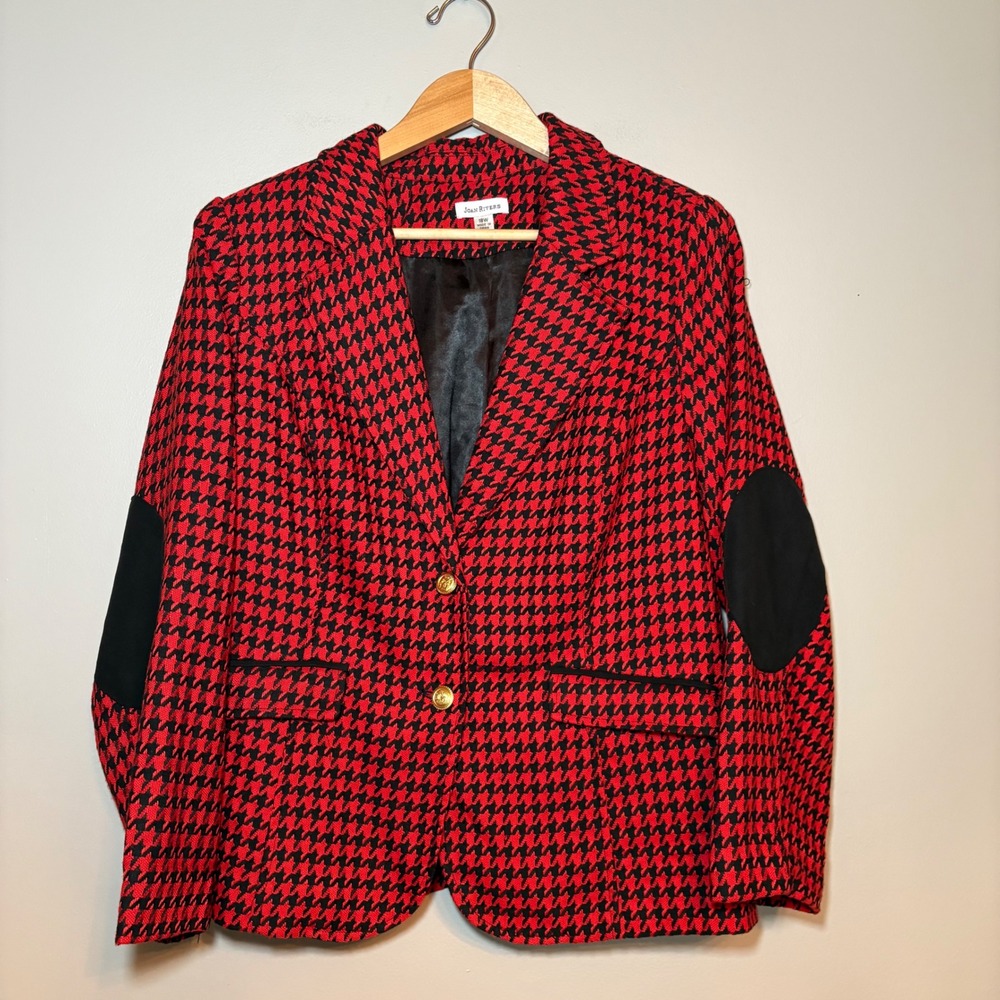 Joan Rivers‎ Red Black Houndstooth Blazer Elbow Patches Gold Buttons 18W A234674